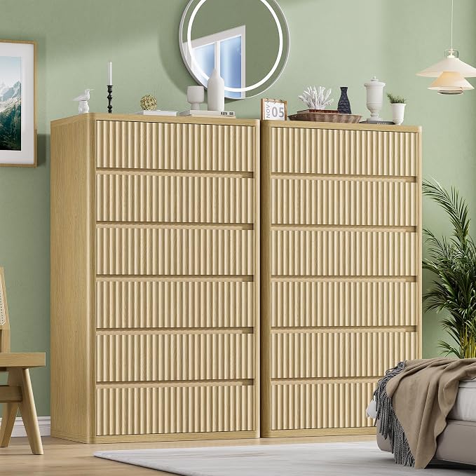 Fluted 6 Drawers Dresser for Bedroom, Wooden Dressers Drawer Closet Clothes - Image 4