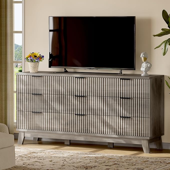 Fluted Dresser with 9 Drawers, Wooden Dresser TV Stand, Modern Closet Clothes - Image 7