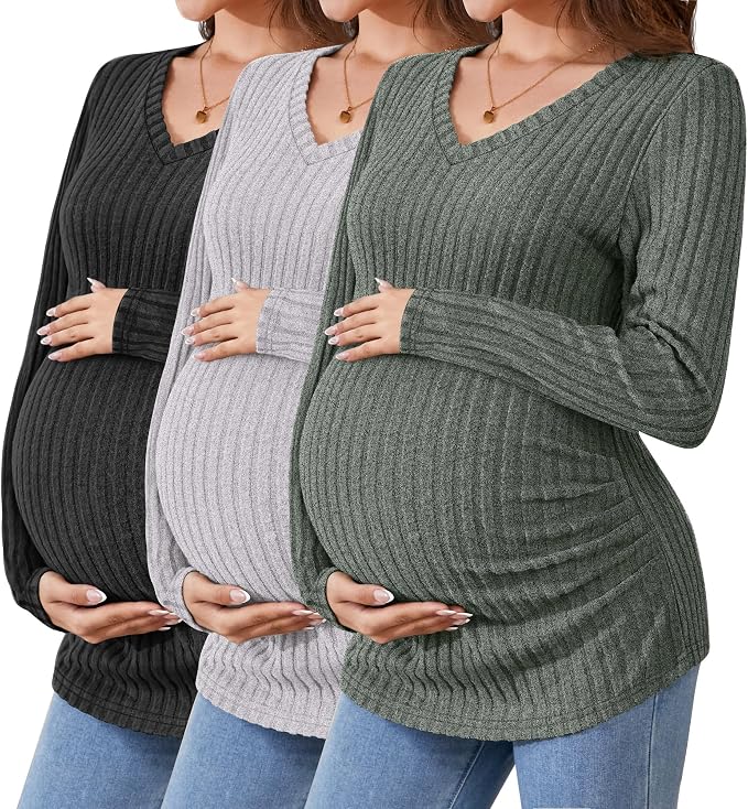 Ficerd 3 Pack Women's Maternity Shirts Ribbed Long Sleeve Pregnancy Tops V Neck by Ficerd