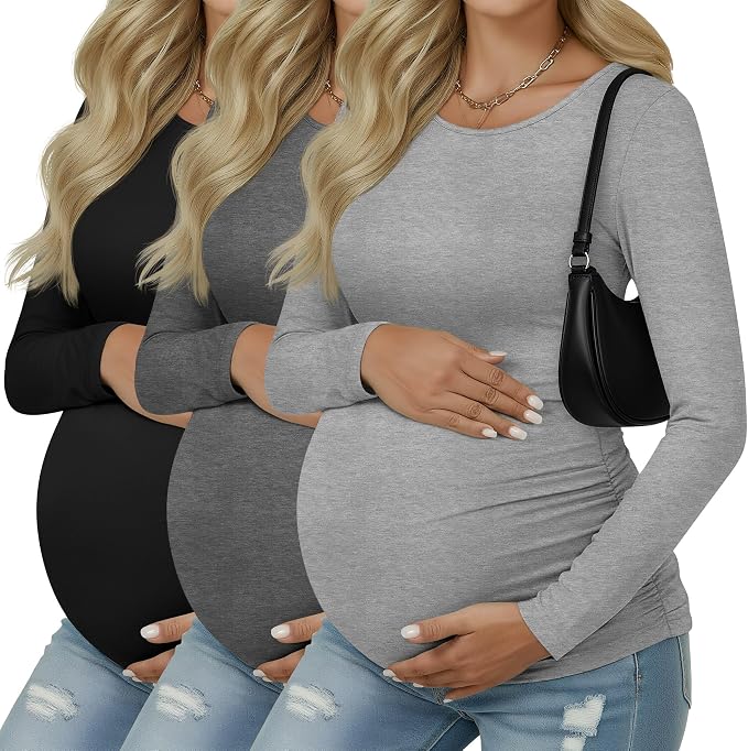 Ficerd 3 Pack Women's Maternity Shirts, Long Sleeve Side Ruched Pregnancy Tee by Ficerd