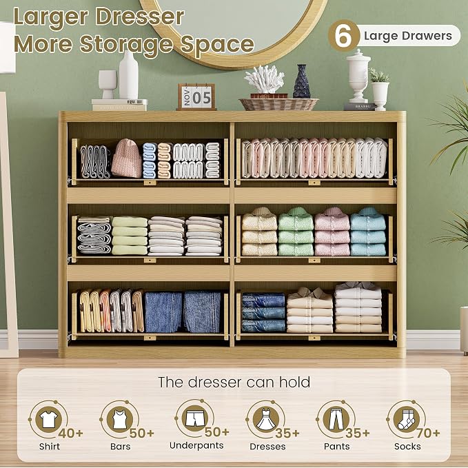 Natural 6 Drawers Dresser for Bedroom, Handleless, Modern Fluted Dresser TV - Image 3