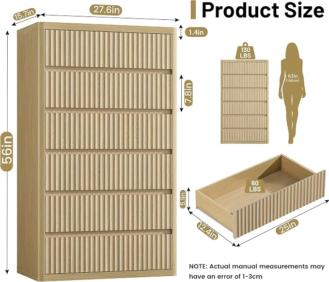 Fluted 6 Drawers Dresser for Bedroom, Wooden Dressers Drawer Closet Clothes - Image 2