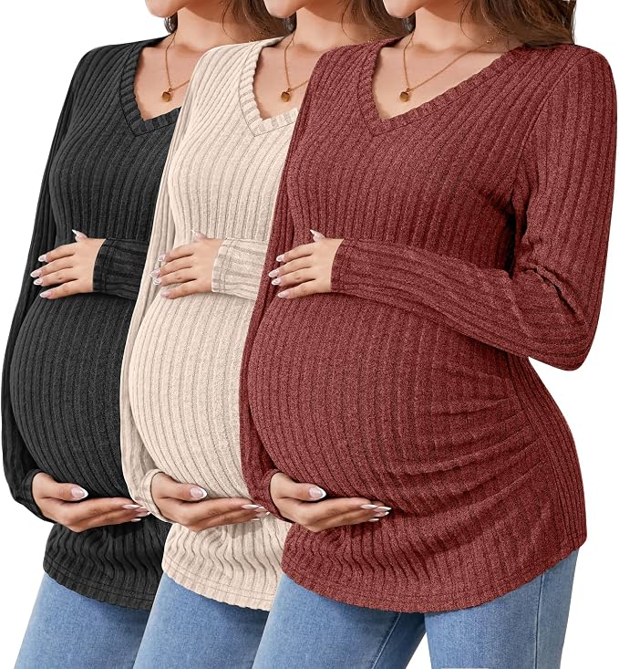 Ficerd 3 Pack Women's Maternity Shirts Ribbed Long Sleeve Pregnancy Tops V Neck by Ficerd