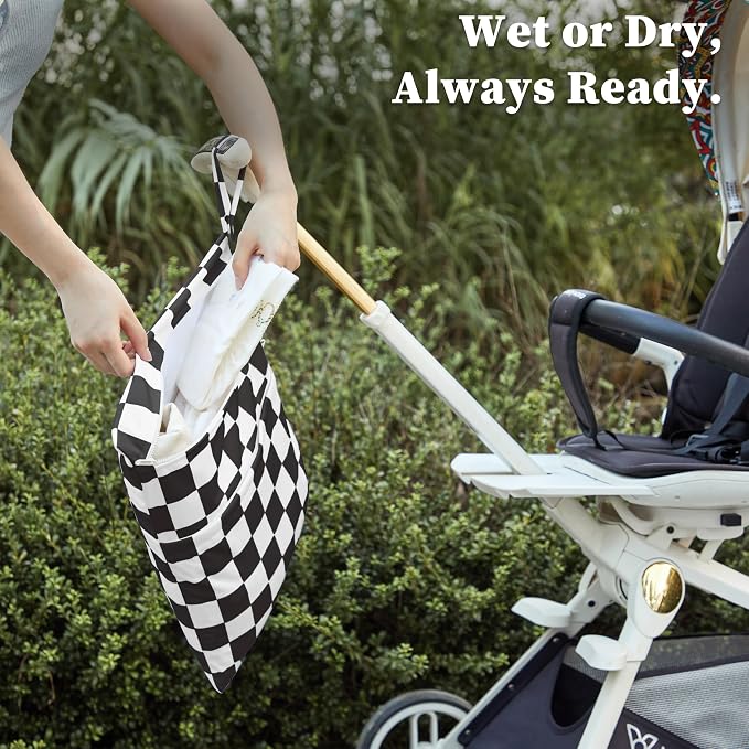 Black Checkered Waterproof Wet Dy Diaper Bag - Image 4