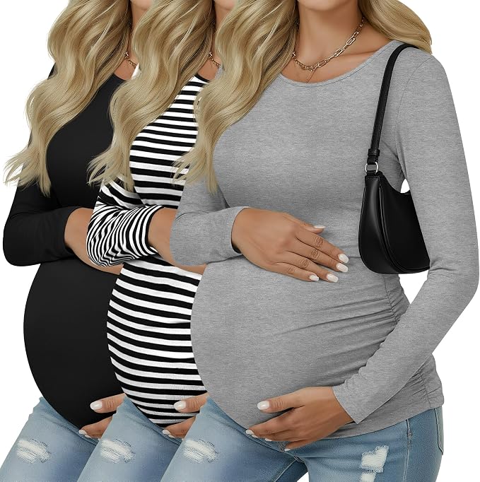 Ficerd 3 Pack Women's Maternity Shirts, Long Sleeve Side Ruched Pregnancy Tee by Ficerd