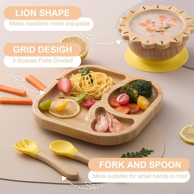 Suction Plates Bowls Set for Baby Toddler Non-Toxic Bamboo Feeding Set - Image 2