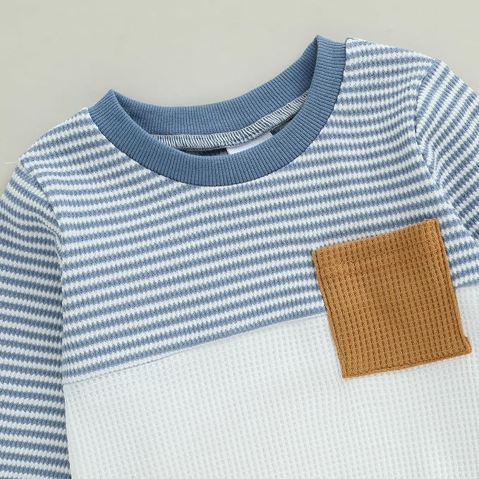 Toddler Baby Boy Fall Clothes Waffle Outfit Long Sleeve Color Blocking - Image 3
