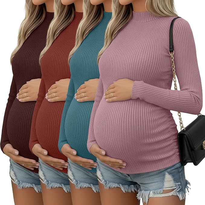 4 Packs Womens Maternity Shirts Long Sleeve Cotton Ribbed Pregnancy Mock Neck by Oakgarden