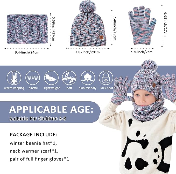 Kids Toddlers Winter Beanie Hats Gloves Neck Scarf Set Mittens Gifts - Image 6