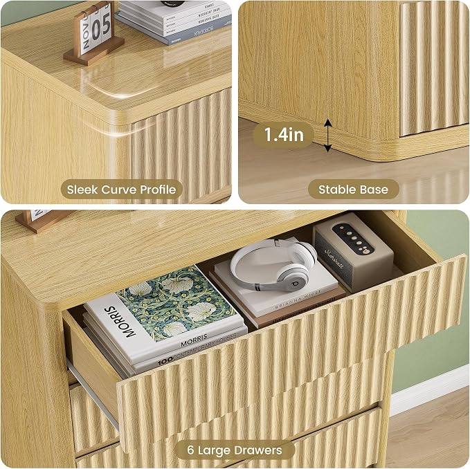 Fluted 6 Drawers Dresser for Bedroom, Wooden Dressers Drawer Closet Clothes - Image 7