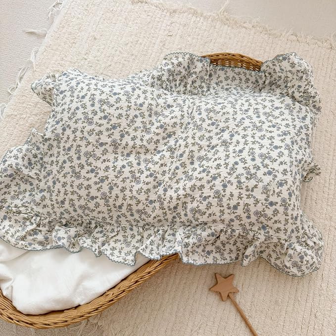 BuLuTu 2 Layers Muslin Cotton Toddler Pillowcase, Shabby Chic Blue Floral Print - Image 7