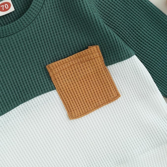 Toddler Baby Boy Fall Clothes Waffle Outfit Long Sleeve Color Blocking - Image 2