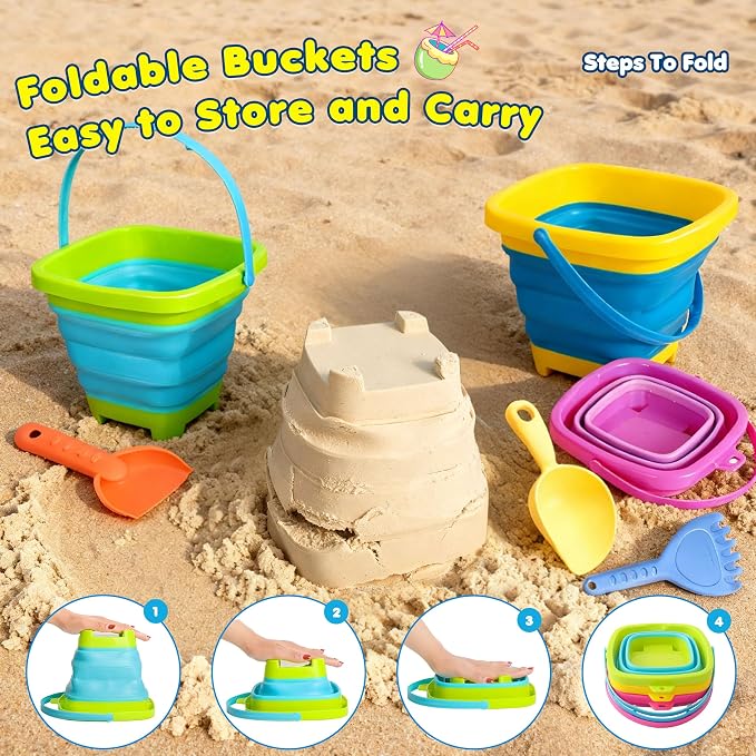 Collapsible Beach Sand Bucket 3 Packs Foldable Buckets Set - Image 5