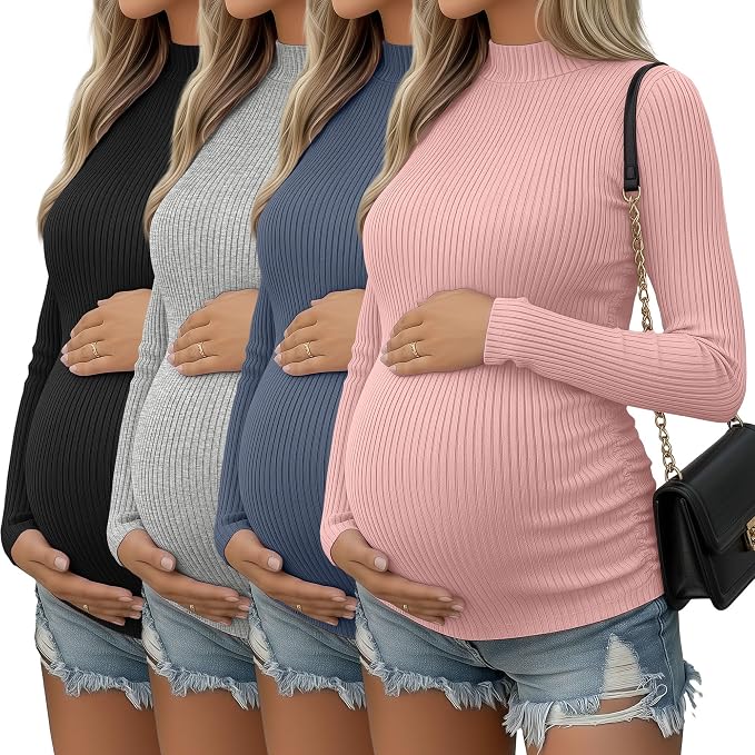 4 Packs Womens Maternity Shirts Long Sleeve Cotton Ribbed Pregnancy Mock Neck by Oakgarden