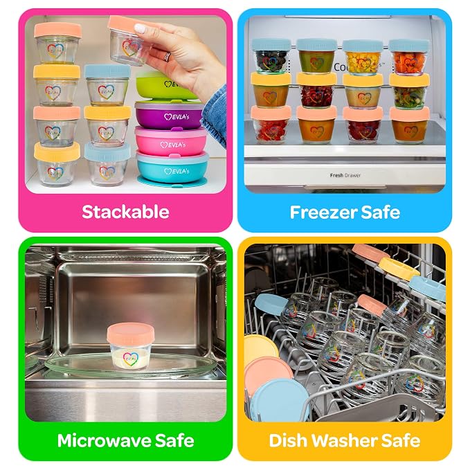 EVLAs Baby Food Containers 12-Pack - 4 oz Glass Jars - BPA-Free - Image 3