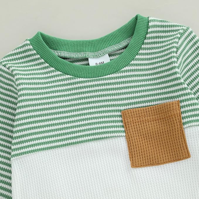 Toddler Baby Boy Fall Clothes Waffle Outfit Long Sleeve Color Blocking - Image 3