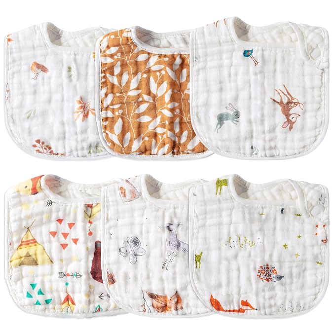 Zainpe 6Pcs Snap Muslin Cotton Baby Bibs Owl Fox Leaf Bear Bib by Zainpe
